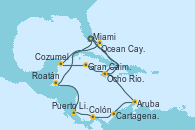 Visitando Miami (Florida/EEUU), Ocean Cay MSC Marine Reserve (Bahamas), Cozumel (México), Gran Caimán (Islas Caimán), Ocho Ríos (Jamaica), Miami (Florida/EEUU), Ocho Ríos (Jamaica), Aruba (Antillas), Cartagena de Indias (Colombia), Colón (Panamá), Puerto Limón (Costa Rica), Roatán (Honduras), Miami (Florida/EEUU)