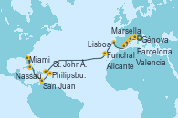 Visitando Génova (Italia), Marsella (Francia), Barcelona, Valencia, Alicante (España), Lisboa (Portugal), Funchal (Madeira), St. John´s (Antigua y Barbuda), Philipsburg (St. Maarten), San Juan (Puerto Rico), Miami (Florida/EEUU), Nassau (Bahamas), Miami (Florida/EEUU)