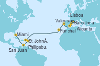 Visitando Barcelona, Valencia, Alicante (España), Lisboa (Portugal), Funchal (Madeira), St. John´s (Antigua y Barbuda), Philipsburg (St. Maarten), San Juan (Puerto Rico), Miami (Florida/EEUU)