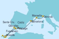 Visitando Málaga, Gibraltar (Inglaterra), Arrecife (Lanzarote/España), Fuerteventura (Canarias/España), Santa Cruz de Tenerife (España), Cádiz (España), Barcelona, Marsella (Francia), Génova (Italia)