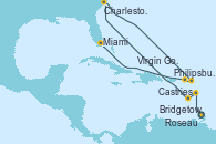 Visitando Bridgetown (Barbados), Castries (Santa Lucía/Caribe), Roseau (Dominica), Charleston (Carolina del Sur), Philipsburg (St. Maarten), Virgin Gorda (Islas Virgenes), Miami (Florida/EEUU)
