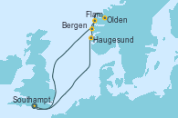 Visitando Southampton (Inglaterra), Haugesund (Noruega), Olden (Noruega), Flam (Noruega), Bergen (Noruega), Southampton (Inglaterra)
