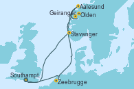 Visitando Southampton (Inglaterra), Zeebrugge (Bruselas), Olden (Noruega), Geiranger (Noruega), Aalesund (Noruega), Stavanger (Noruega), Southampton (Inglaterra)