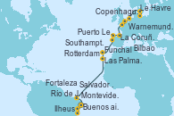 Visitando Buenos aires, Montevideo (Uruguay), Río de Janeiro (Brasil), Ilheus (Brasil), Salvador de Bahía (Brasil), Fortaleza (Brasil), Las Palmas de Gran Canaria (España), Funchal (Madeira), Puerto Leixões (Portugal), La Coruña (Galicia/España), Bilbao (España), Southampton (Inglaterra), Le Havre (Francia), Rotterdam (Holanda), Copenhague (Dinamarca), Warnemunde (Alemania)