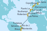 Visitando Montevideo (Uruguay), Río de Janeiro (Brasil), Ilheus (Brasil), Salvador de Bahía (Brasil), Fortaleza (Brasil), Las Palmas de Gran Canaria (España), Funchal (Madeira), Puerto Leixões (Portugal), La Coruña (Galicia/España), Bilbao (España), Southampton (Inglaterra), Le Havre (Francia), Rotterdam (Holanda), Copenhague (Dinamarca), Warnemunde (Alemania)