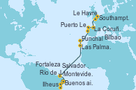 Visitando Buenos aires, Montevideo (Uruguay), Río de Janeiro (Brasil), Ilheus (Brasil), Salvador de Bahía (Brasil), Fortaleza (Brasil), Las Palmas de Gran Canaria (España), Funchal (Madeira), Puerto Leixões (Portugal), La Coruña (Galicia/España), Bilbao (España), Southampton (Inglaterra), Le Havre (Francia)