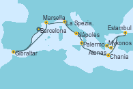 Visitando Barcelona, Gibraltar (Inglaterra), Marsella (Francia), La Spezia, Florencia y Pisa (Italia), Nápoles (Italia), Palermo (Italia), Chania (Creta/Grecia), Estambul (Turquía), Mykonos (Grecia), Atenas (Grecia)