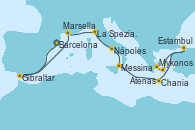 Visitando Barcelona, Gibraltar (Inglaterra), Marsella (Francia), La Spezia, Florencia y Pisa (Italia), Nápoles (Italia), Messina (Sicilia), Chania (Creta/Grecia), Estambul (Turquía), Mykonos (Grecia), Atenas (Grecia)