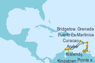 Visitando Pointe a Pitre (Guadalupe), Puerto España (Trinidad y Tobago), Grenada (Antillas), Kingstown (Granadinas), Bridgetown (Barbados), Martinica (Antillas), Pointe a Pitre (Guadalupe), Kralendijk (Antillas), Aruba (Antillas), Curacao (Antillas), Martinica (Antillas), Pointe a Pitre (Guadalupe)