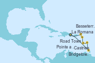 Visitando La Romana (República Dominicana), Castries (Santa Lucía/Caribe), Bridgetown (Barbados), Pointe a Pitre (Guadalupe), Basseterre (Antillas), Road Town (Isla Tórtola/Islas Vírgenes), La Romana (República Dominicana)