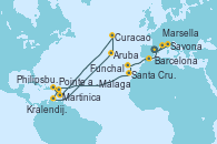 Visitando Barcelona, Savona (Italia), Marsella (Francia), Málaga, Funchal (Madeira), Santa Cruz de Tenerife (España), Philipsburg (St. Maarten), Martinica (Antillas), Pointe a Pitre (Guadalupe), Kralendijk (Antillas), Aruba (Antillas), Curacao (Antillas), Martinica (Antillas), Pointe a Pitre (Guadalupe)