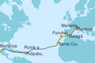 Visitando Savona (Italia), Marsella (Francia), Málaga, Funchal (Madeira), Santa Cruz de Tenerife (España), Philipsburg (St. Maarten), Martinica (Antillas), Pointe a Pitre (Guadalupe)