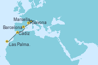 Visitando Savona (Italia), Marsella (Francia), Barcelona, Cádiz (España), Las Palmas de Gran Canaria (España)