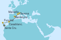 Visitando Santa Cruz de Tenerife (España), Funchal (Madeira), Casablanca (Marruecos), Barcelona, Marsella (Francia), Savona (Italia)