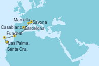 Visitando Las Palmas de Gran Canaria (España), Santa Cruz de Tenerife (España), Funchal (Madeira), Casablanca (Marruecos), Barcelona, Marsella (Francia), Savona (Italia)