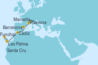Visitando Savona (Italia), Marsella (Francia), Barcelona, Cádiz (España), Las Palmas de Gran Canaria (España), Funchal (Madeira), Santa Cruz de Tenerife (España)