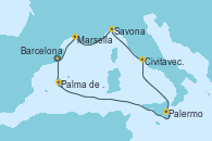 Visitando Barcelona, Barcelona, Palma de Mallorca (España), Palermo (Italia), Civitavecchia (Roma), Savona (Italia), Marsella (Francia), Barcelona