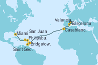 Visitando Barcelona, Valencia, Casablanca (Marruecos), Bridgetown (Barbados), Saint George (Grenada), Philipsburg (St. Maarten), San Juan (Puerto Rico), Miami (Florida/EEUU)