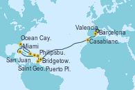 Visitando Barcelona, Valencia, Casablanca (Marruecos), Bridgetown (Barbados), Saint George (Grenada), Philipsburg (St. Maarten), San Juan (Puerto Rico), Miami (Florida/EEUU), Ocean Cay MSC Marine Reserve (Bahamas), Puerto Plata, Republica Dominicana, Miami (Florida/EEUU)