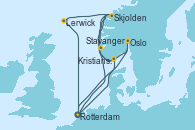 Visitando Rotterdam (Holanda), Kristiansand (Noruega), Islas Feroe (Dinamarca), Skjolden (Noruega), Lerwick (Escocia), Rotterdam (Holanda), Skjolden (Noruega), Stavanger (Noruega), Kristiansand (Noruega), Oslo (Noruega), Rotterdam (Holanda)