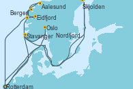 Visitando Rotterdam (Holanda), Skjolden (Noruega), Stavanger (Noruega), Kristiansand (Noruega), Oslo (Noruega), Rotterdam (Holanda), Eidfjord (Hardangerfjord/Noruega), Aalesund (Noruega), Nordfjordeid, Bergen (Noruega), Rotterdam (Holanda)