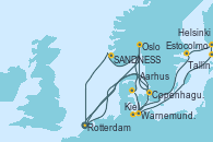 Visitando Rotterdam (Holanda), Copenhague (Dinamarca), Oslo (Noruega), Kristiansand (Noruega), SANDNESS (STAVANGER), Rotterdam (Holanda), Oslo (Noruega), Aarhus (Dinamarca), Warnemunde (Alemania), Tallin (Estonia), Helsinki (Finlandia), Estocolmo (Suecia), Estocolmo (Suecia), Kiel (Alemania), Copenhague (Dinamarca), Rotterdam (Holanda)