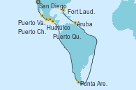 Visitando San Diego (California/EEUU), Puerto Vallarta (México), Huatulco (México), Puerto Chiapas (México), Puerto Quetzal (Guatemala), Acajutla (El Salvador), Punta Arenas (Chile), Aruba (Antillas), Fort Lauderdale (Florida/EEUU)