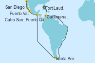 Visitando Fort Lauderdale (Florida/EEUU), Cartagena de Indias (Colombia), Punta Arenas (Chile), Acajutla (El Salvador), Puerto Quetzal (Guatemala), Puerto Vallarta (México), Cabo San Lucas (México), San Diego (California/EEUU)