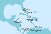 Visitando Miami (Florida/EEUU), Ocho Ríos (Jamaica), Aruba (Antillas), Cartagena de Indias (Colombia), Colón (Panamá), Roatán (Honduras), Ocean Cay MSC Marine Reserve (Bahamas), Miami (Florida/EEUU)