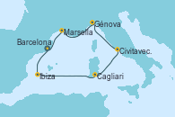 Visitando Barcelona, Ibiza (España), Cagliari (Cerdeña), Civitavecchia (Roma), Génova (Italia), Marsella (Francia), Barcelona