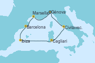 Visitando Génova (Italia), Marsella (Francia), Barcelona, Ibiza (España), Cagliari (Cerdeña), Civitavecchia (Roma), Génova (Italia)