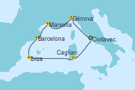 Visitando Civitavecchia (Roma), Génova (Italia), Marsella (Francia), Barcelona, Ibiza (España), Cagliari (Cerdeña), Civitavecchia (Roma)