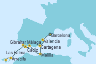 Visitando Barcelona, Valencia, Cartagena (Murcia), Melilla (España), Málaga, Gibraltar (Inglaterra), Cádiz (España), Arrecife (Lanzarote/España), Las Palmas de Gran Canaria (España), Las Palmas de Gran Canaria (España)