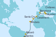 Visitando Santos (Brasil), Maceió (Brasil), Mindelo (Cabo Verde), Santa Cruz de Tenerife (España), Casablanca (Marruecos), Barcelona, Nápoles (Italia), Civitavecchia (Roma)