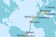 Visitando Río de Janeiro (Brasil), Santos (Brasil), Maceió (Brasil), Mindelo (Cabo Verde), Santa Cruz de Tenerife (España), Casablanca (Marruecos), Barcelona, Nápoles (Italia), Civitavecchia (Roma)