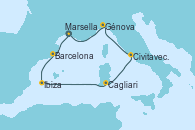 Visitando Marsella (Francia), Barcelona, Ibiza (España), Cagliari (Cerdeña), Civitavecchia (Roma), Génova (Italia), Marsella (Francia)