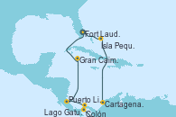 Visitando Fort Lauderdale (Florida/EEUU), Isla Pequeña (San Salvador/Bahamas), Cabo Rojo, Cartagena de Indias (Colombia), Lago Gatun (Panamá), Colón (Panamá), Puerto Limón (Costa Rica), Gran Caimán (Islas Caimán), Fort Lauderdale (Florida/EEUU)