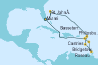 Visitando Miami (Florida/EEUU), St. John´s (Antigua y Barbuda), Philipsburg (St. Maarten), Roseau (Dominica), Bridgetown (Barbados), Castries (Santa Lucía/Caribe), Basseterre (Antillas), Miami (Florida/EEUU)