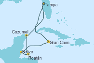 Visitando Tampa (Florida), Gran Caimán (Islas Caimán), Belize (Caribe), Roatán (Honduras), Cozumel (México), Tampa (Florida)