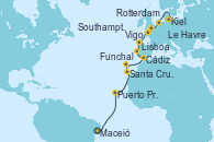 Visitando Maceió (Brasil), Puerto Praia (Cabo Verde), Santa Cruz de Tenerife (España), Funchal (Madeira), Cádiz (España), Lisboa (Portugal), Lisboa (Portugal), Vigo (España), Le Havre (Francia), Southampton (Inglaterra), Rotterdam (Holanda), Kiel (Alemania)