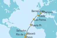 Visitando Génova (Italia), Barcelona, Cádiz (España), Las Palmas de Gran Canaria (España), Puerto Praia (Cabo Verde), Maceió (Brasil), Salvador de Bahía (Brasil), Ilheus (Brasil), Río de Janeiro (Brasil)