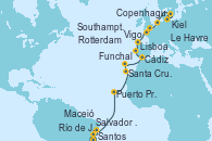 Visitando Santos (Brasil), Río de Janeiro (Brasil), Salvador de Bahía (Brasil), Maceió (Brasil), Puerto Praia (Cabo Verde), Santa Cruz de Tenerife (España), Funchal (Madeira), Cádiz (España), Lisboa (Portugal), Lisboa (Portugal), Vigo (España), Le Havre (Francia), Southampton (Inglaterra), Rotterdam (Holanda), Kiel (Alemania), Copenhague (Dinamarca)