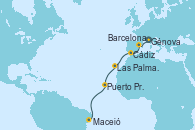Visitando Génova (Italia), Barcelona, Cádiz (España), Las Palmas de Gran Canaria (España), Puerto Praia (Cabo Verde), Maceió (Brasil)