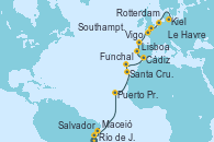 Visitando Río de Janeiro (Brasil), Salvador de Bahía (Brasil), Maceió (Brasil), Puerto Praia (Cabo Verde), Santa Cruz de Tenerife (España), Funchal (Madeira), Cádiz (España), Lisboa (Portugal), Lisboa (Portugal), Vigo (España), Le Havre (Francia), Southampton (Inglaterra), Rotterdam (Holanda), Kiel (Alemania)