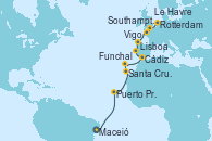 Visitando Maceió (Brasil), Puerto Praia (Cabo Verde), Santa Cruz de Tenerife (España), Funchal (Madeira), Cádiz (España), Lisboa (Portugal), Lisboa (Portugal), Vigo (España), Le Havre (Francia), Southampton (Inglaterra), Rotterdam (Holanda)