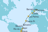 Visitando Génova (Italia), Barcelona, Cádiz (España), Las Palmas de Gran Canaria (España), Puerto Praia (Cabo Verde), Maceió (Brasil), Salvador de Bahía (Brasil), Ilheus (Brasil), Río de Janeiro (Brasil), Itajaí (Brasil)