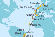 Visitando Santos (Brasil), Río de Janeiro (Brasil), Salvador de Bahía (Brasil), Maceió (Brasil), Puerto Praia (Cabo Verde), Santa Cruz de Tenerife (España), Funchal (Madeira), Cádiz (España), Lisboa (Portugal), Lisboa (Portugal), Vigo (España), Le Havre (Francia), Southampton (Inglaterra), Rotterdam (Holanda), Kiel (Alemania)