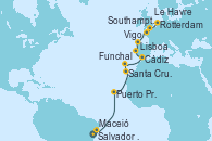 Visitando Salvador de Bahía (Brasil), Maceió (Brasil), Puerto Praia (Cabo Verde), Santa Cruz de Tenerife (España), Funchal (Madeira), Cádiz (España), Lisboa (Portugal), Lisboa (Portugal), Vigo (España), Le Havre (Francia), Southampton (Inglaterra), Rotterdam (Holanda)