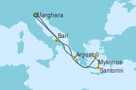 Visitando Marghera (Venecia/Italia), Bari (Italia), Mykonos (Grecia), Santorini (Grecia), Argostoli (Grecia), Marghera (Venecia/Italia)