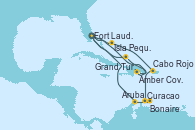 Visitando Fort Lauderdale (Florida/EEUU), Isla Pequeña (San Salvador/Bahamas), Cabo Rojo, Curacao (Antillas), Bonaire (Países Bajos), Aruba (Antillas), Fort Lauderdale (Florida/EEUU), Amber Cove (República Dominicana), Grand Turks(Turks & Caicos), Fort Lauderdale (Florida/EEUU)